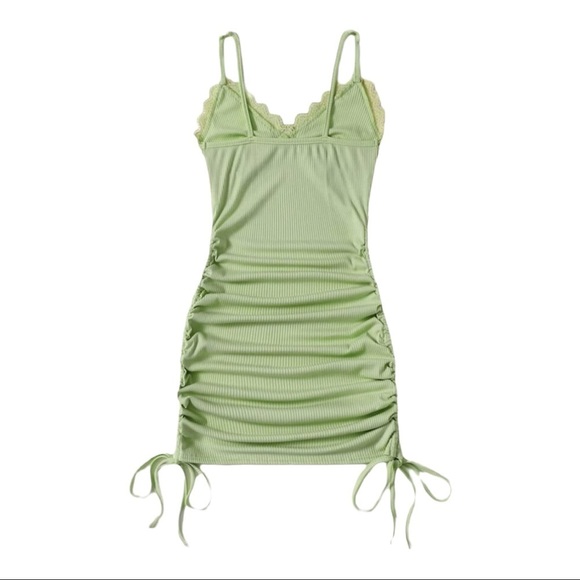 Sage Green Contrast Lace Drawstring Summer Dress - Picture 2 of 4